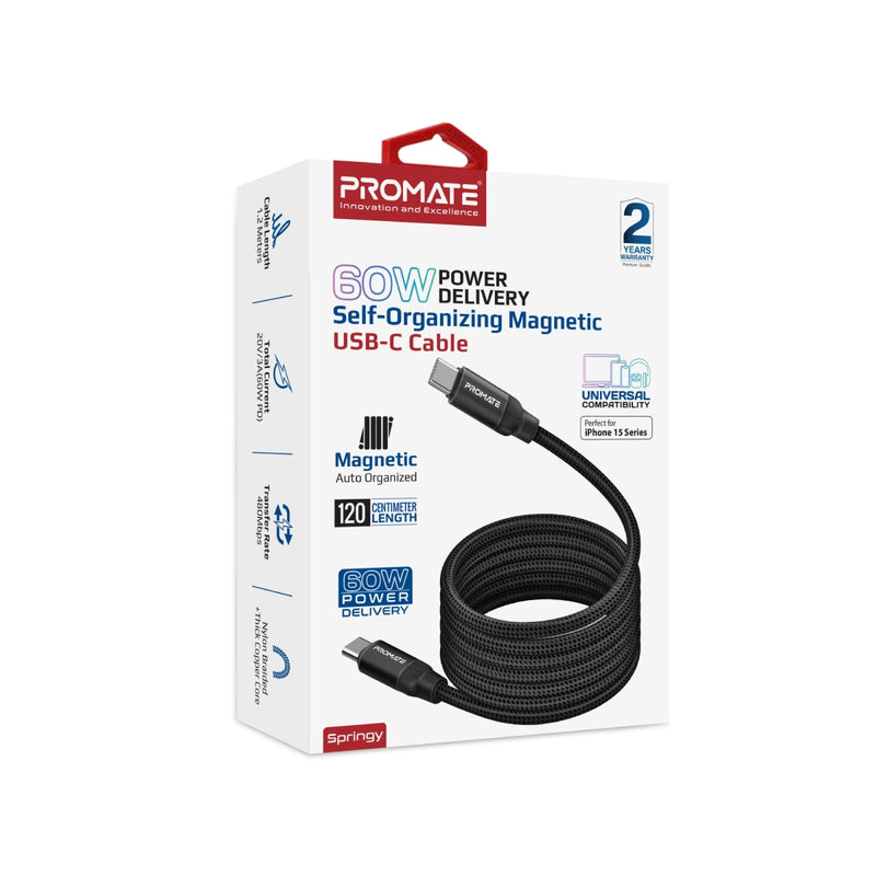 Promate 60W Power Delivery Self-Organizing Magnetic USB-C Cable SPRINGY.BLACK PRO-CABLE-SPRINGY.BLACK