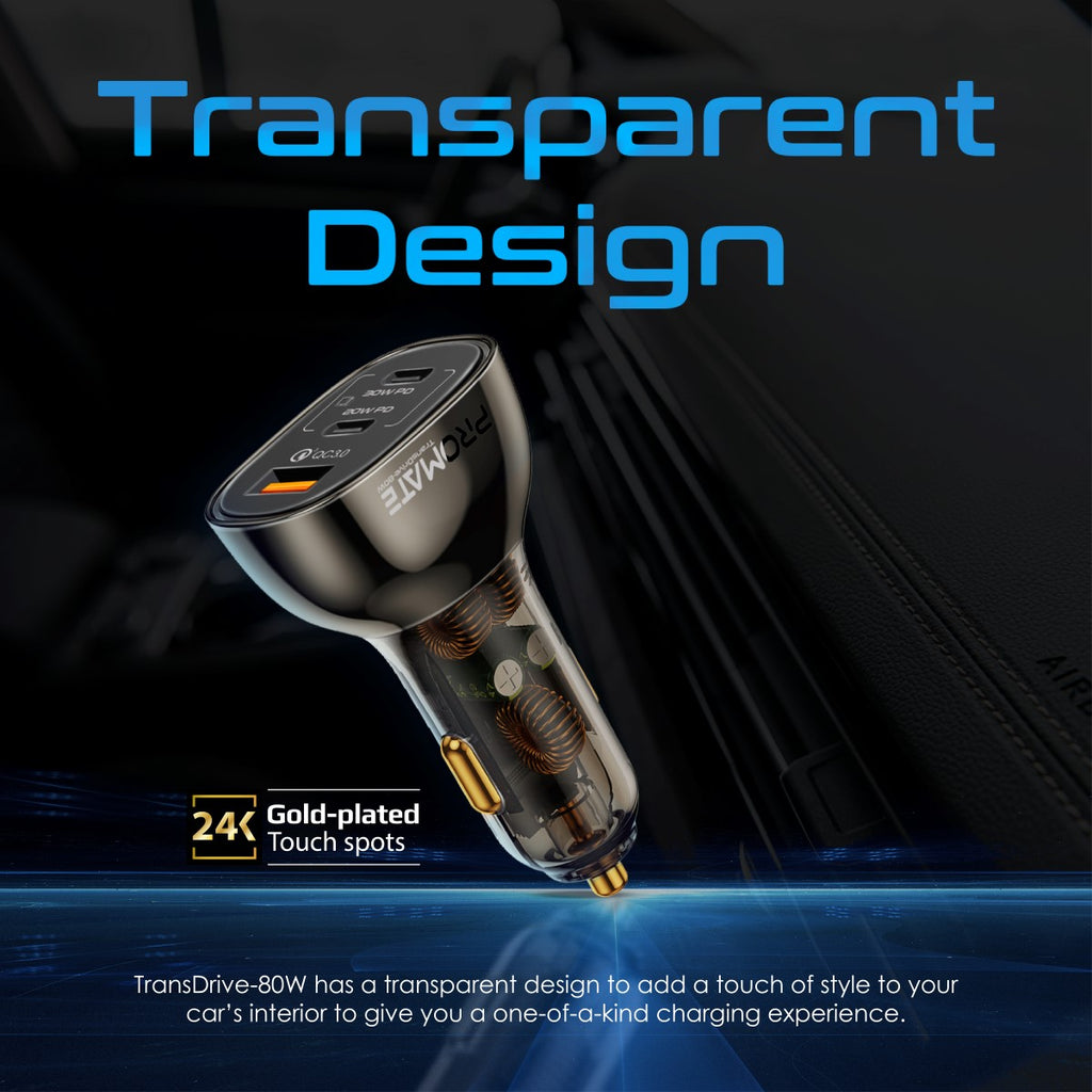 Promate Car Charger TRANSDRIVE-80W Multi-Port Transparent with QC 3.0 & Power Delivery PRO-CC-TRANSDRIVE-80W
