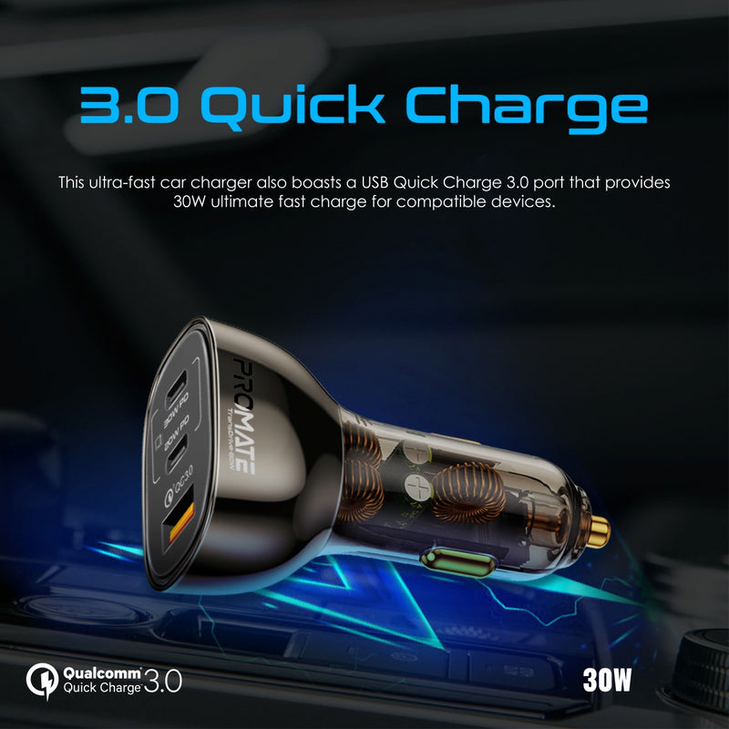 Promate Car Charger TRANSDRIVE-80W Multi-Port Transparent with QC 3.0 & Power Delivery PRO-CC-TRANSDRIVE-80W