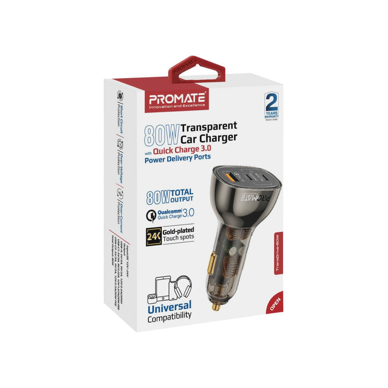 Promate Car Charger TRANSDRIVE-80W Multi-Port Transparent with QC 3.0 & Power Delivery PRO-CC-TRANSDRIVE-80W