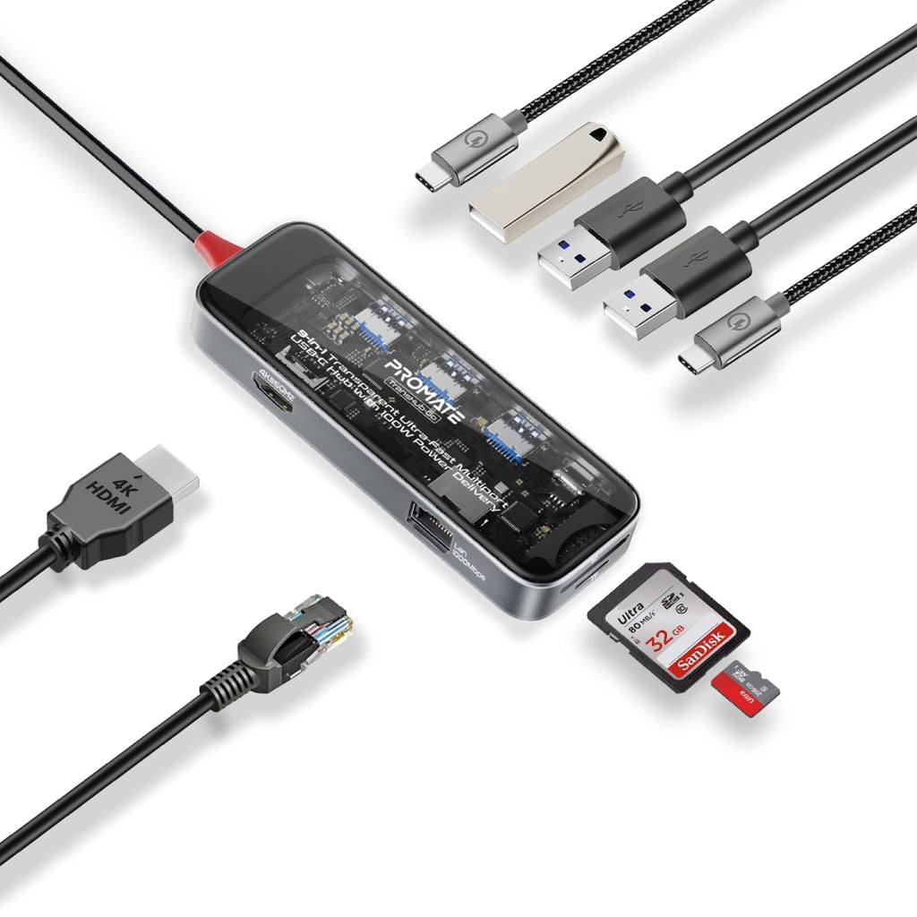 Promate 9-in 1 Transparent Ultra-Fast Multiport USB-C Hub with 100W Power Delivery TRANSHUB-GO PRO-HUB-TRANSHUB-GO