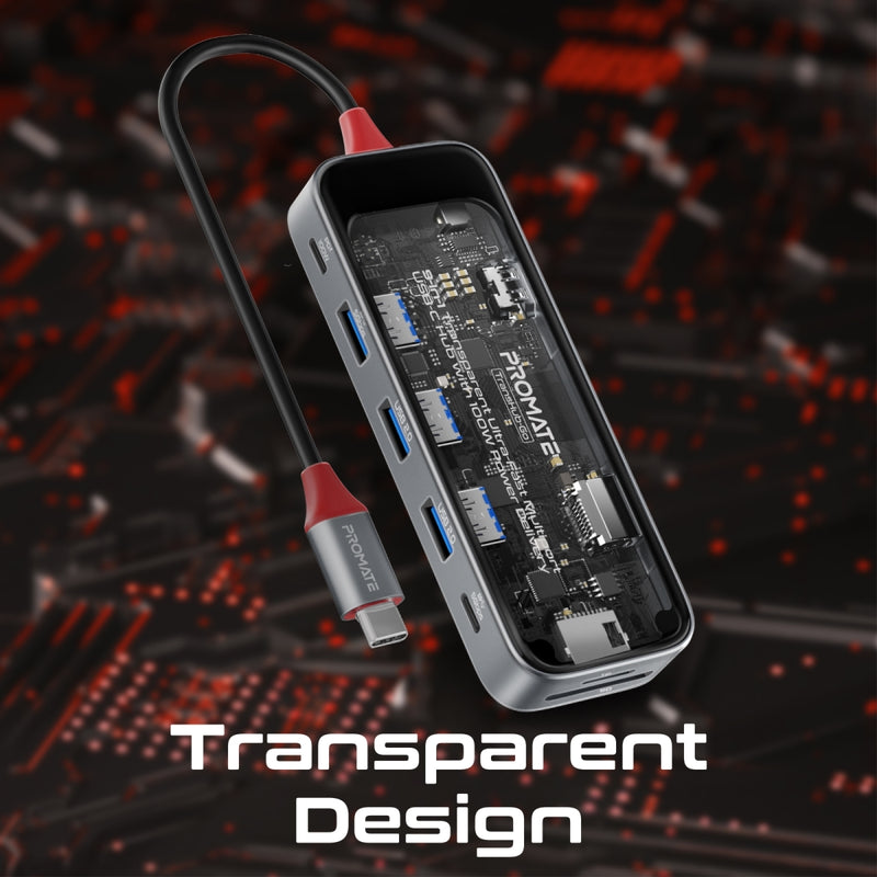 Promate 9-in 1 Transparent Ultra-Fast Multiport USB-C Hub with 100W Power Delivery TRANSHUB-GO PRO-HUB-TRANSHUB-GO