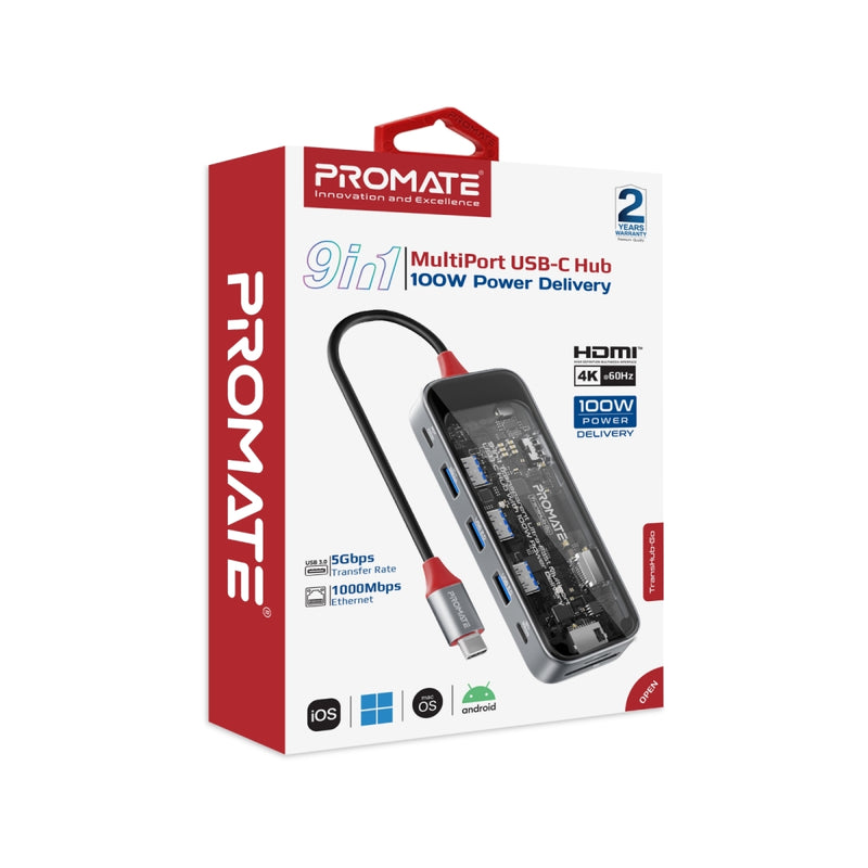Promate 9-in 1 Transparent Ultra-Fast Multiport USB-C Hub with 100W Power Delivery TRANSHUB-GO PRO-HUB-TRANSHUB-GO