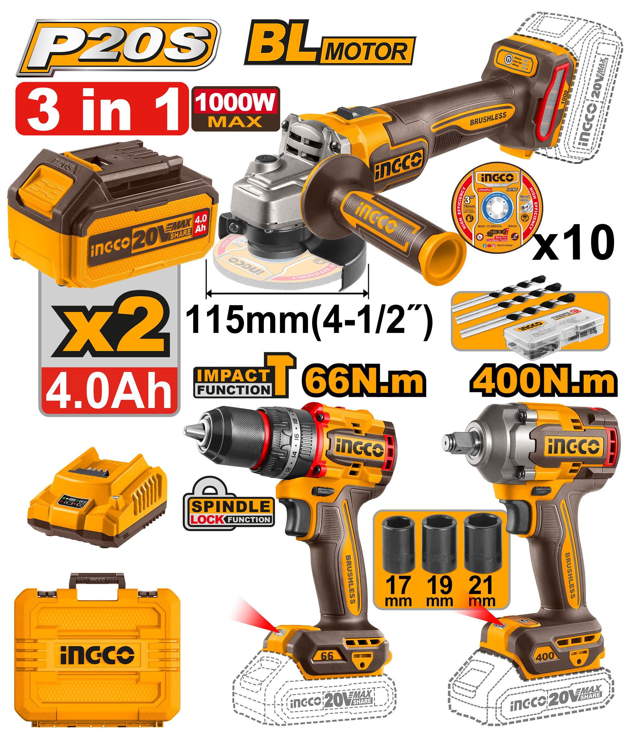 INGCO CORDLESS 3 PCS COMBO KIT COSLI241291