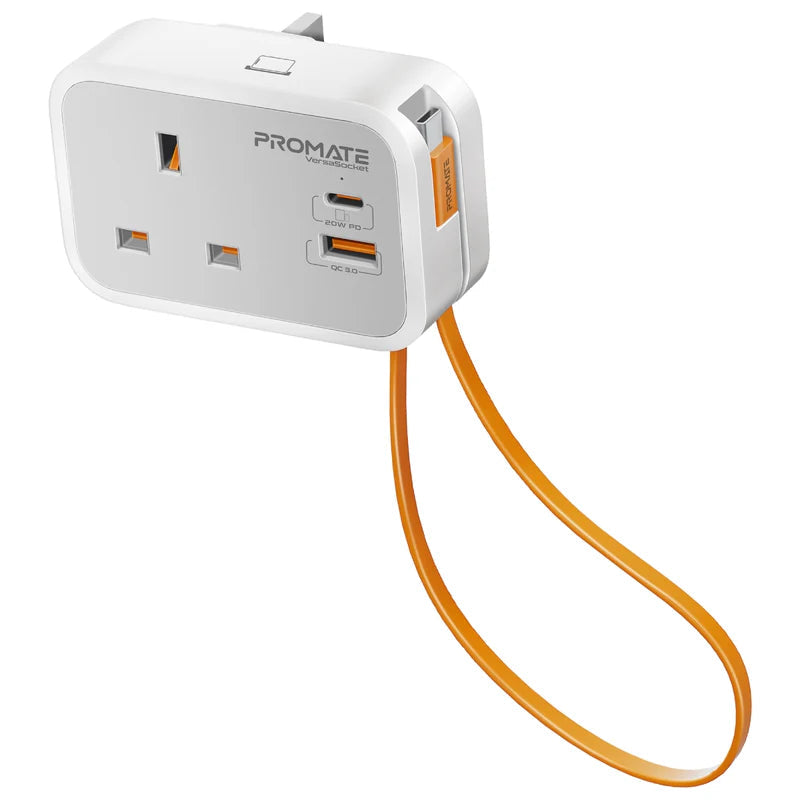 Promate Multi-Function AC Socket Charger with Built-In 20W PD USB-C Cable VERSASOCKET PRO-CH-VERSASOCKET
