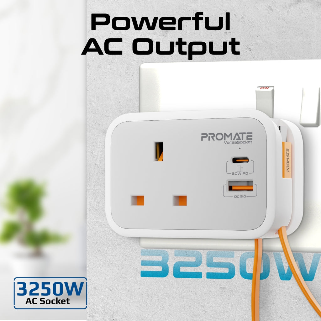 Promate Multi-Function AC Socket Charger with Built-In 20W PD USB-C Cable VERSASOCKET PRO-CH-VERSASOCKET