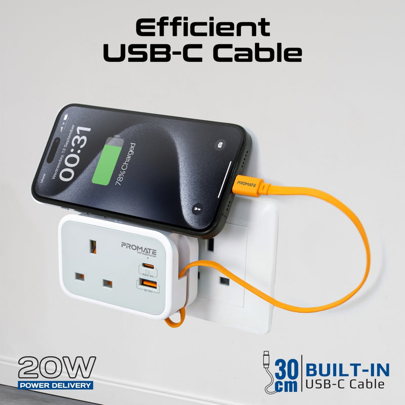 Promate Multi-Function AC Socket Charger with Built-In 20W PD USB-C Cable VERSASOCKET PRO-CH-VERSASOCKET