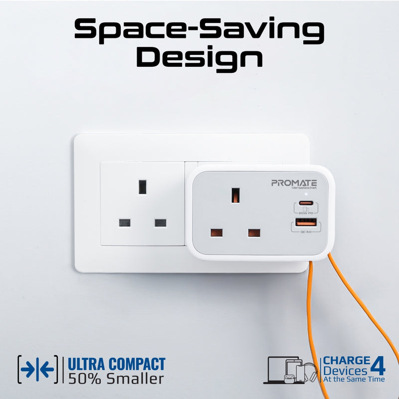 Promate Multi-Function AC Socket Charger with Built-In 20W PD USB-C Cable VERSASOCKET PRO-CH-VERSASOCKET