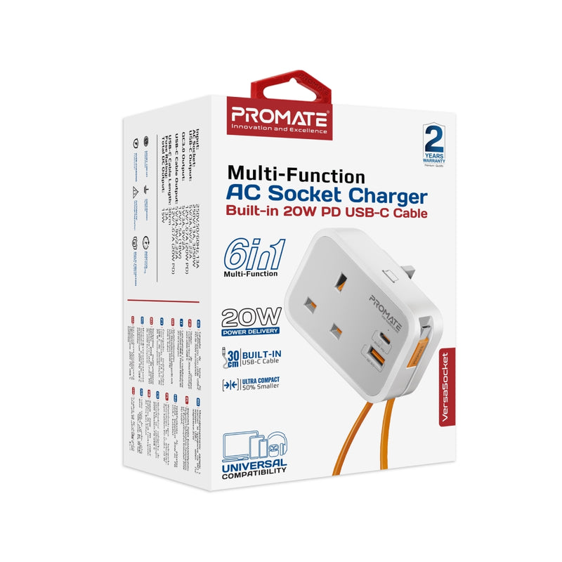 Promate Multi-Function AC Socket Charger with Built-In 20W PD USB-C Cable VERSASOCKET PRO-CH-VERSASOCKET