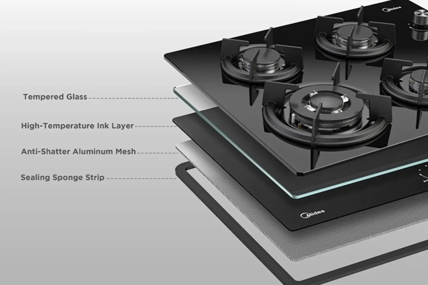 MIDEA BUILT-IN HOB 4GAS BURNERS 60CM BLACK TEMPERED GLASS 60GL403