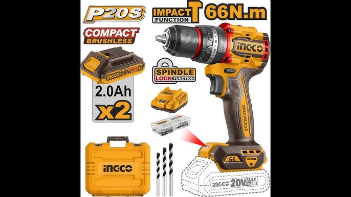 INGCO IMPACT DRILL BRUSHLESS CORDLESS 2 BAT 2.0 AMP + CHARGER 66 NM