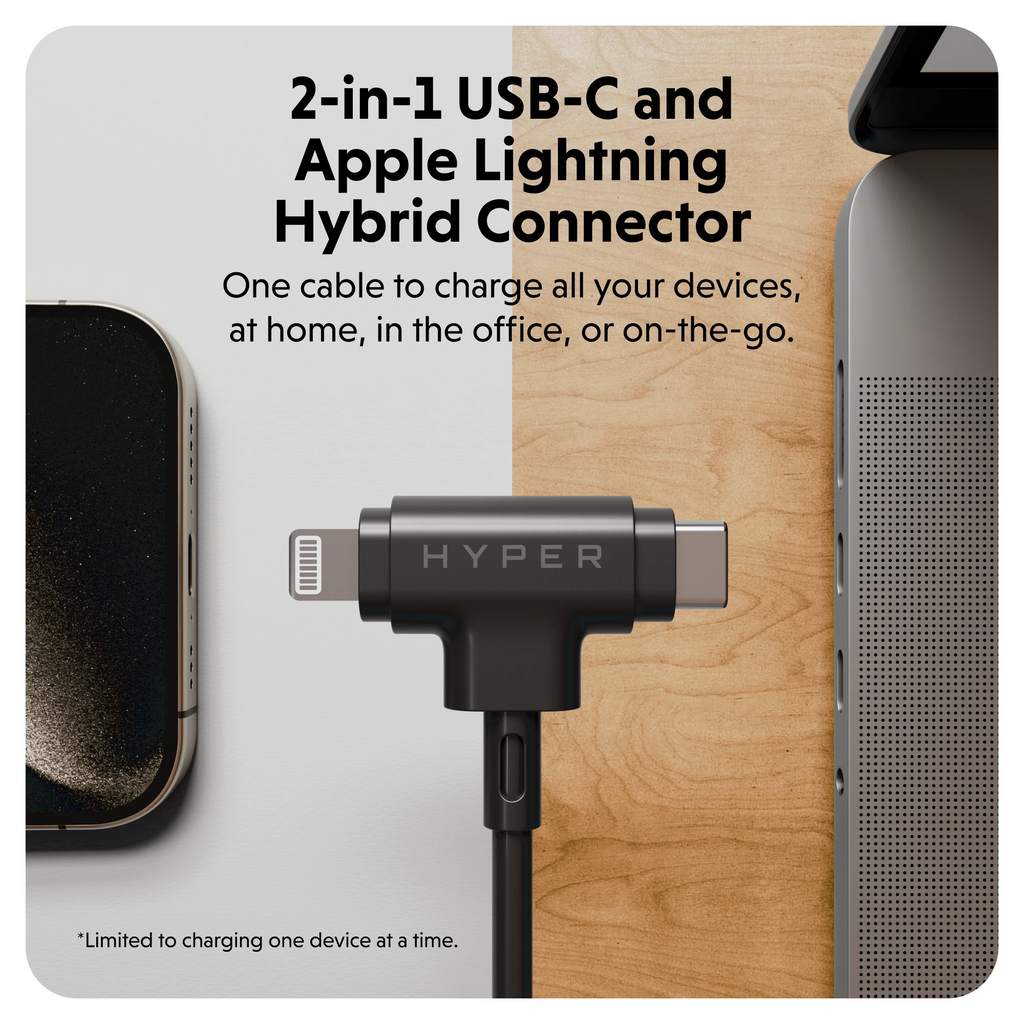 Hyper HyperJuice Silicone USB-C to USB-C and Lightning Hybrid 60W Cable - Black