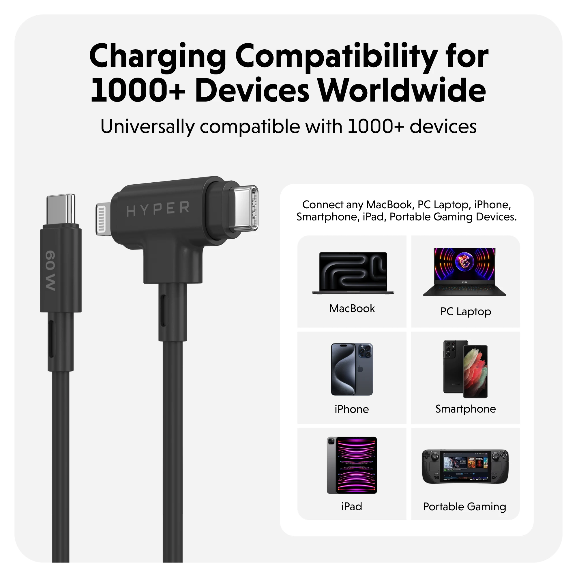 Hyper HyperJuice Silicone USB-C to USB-C and Lightning Hybrid 60W Cable - Black