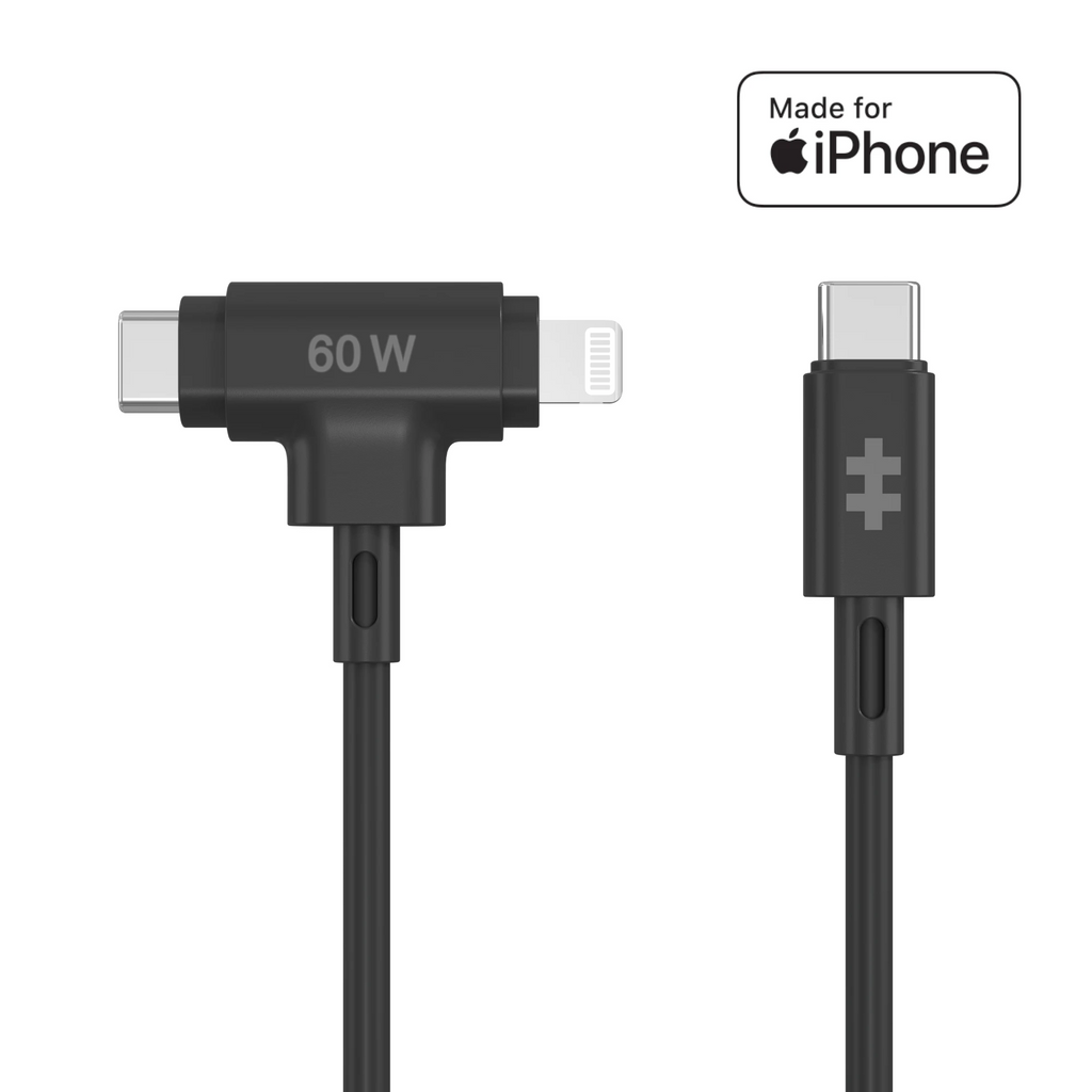 Hyper HyperJuice Silicone USB-C to USB-C and Lightning Hybrid 60W Cable - Black