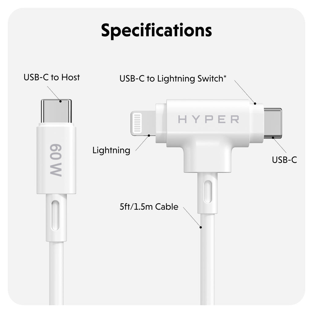 Hyper HyperJuice Silicone USB-C to USB-C and Lightning Hybrid 60W Cable - White