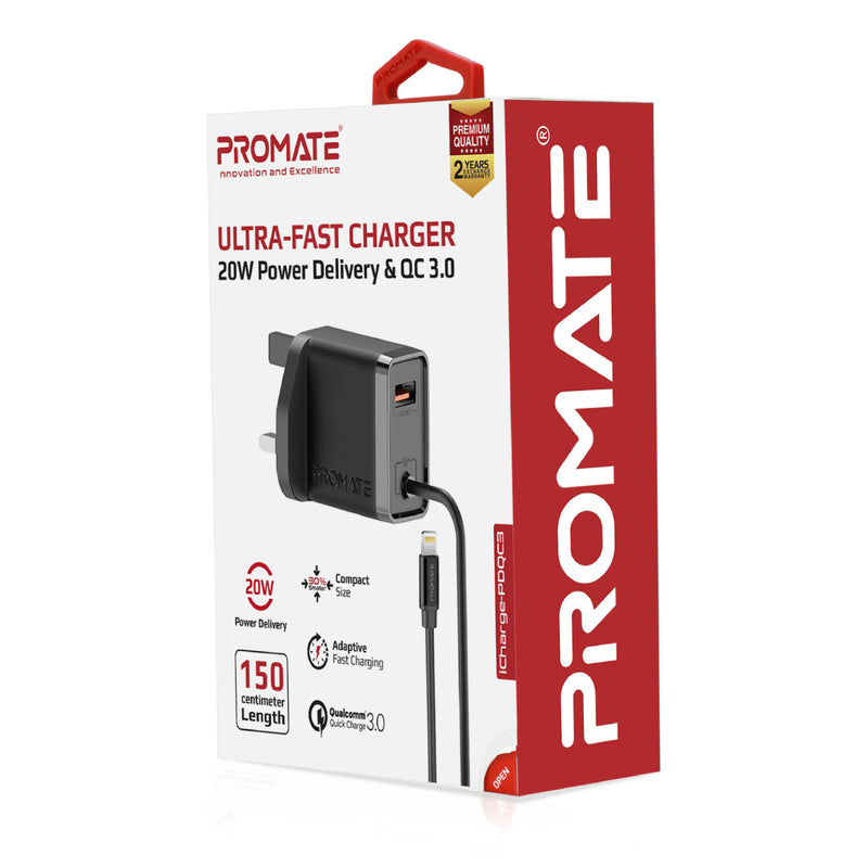 Promate Wall Socket Charger Black ICHARGE-PDQC3.UK-BK (lighting, USB-A) PRO-CH-ICHARGE-PDQC3.UK-BK