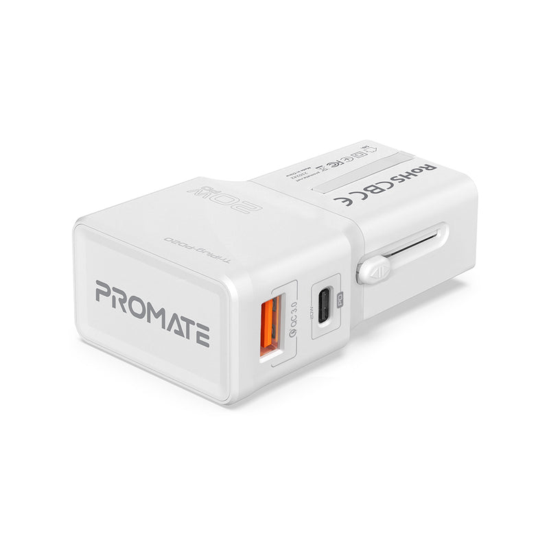 Promate Sleek Universal Travel Adapter with 20W Power Delivery & Quick Charge 3.0 (TriPlug-PD20.WHITE) PRO-CC-TriPlug-PD20.WHITE