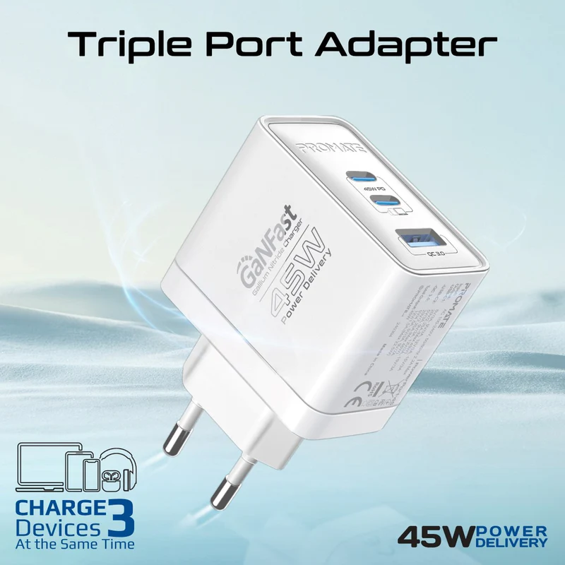Promate 45W Power Delivery GaNFastCharger with Quick Charge 3.0 POWERPORT-45 WHITE PRO-CH-POWERPORT-45.WHITE.UK