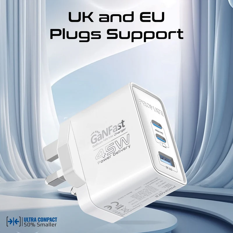 Promate 45W Power Delivery GaNFastCharger with Quick Charge 3.0 POWERPORT-45 WHITE PRO-CH-POWERPORT-45.WHITE.UK