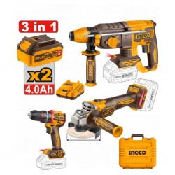 INGCO COMBO KIT 3 PCS CORDLESS IMPACT DRILL+ROTARY HAMMER+GRINDER   20V COSLI241198