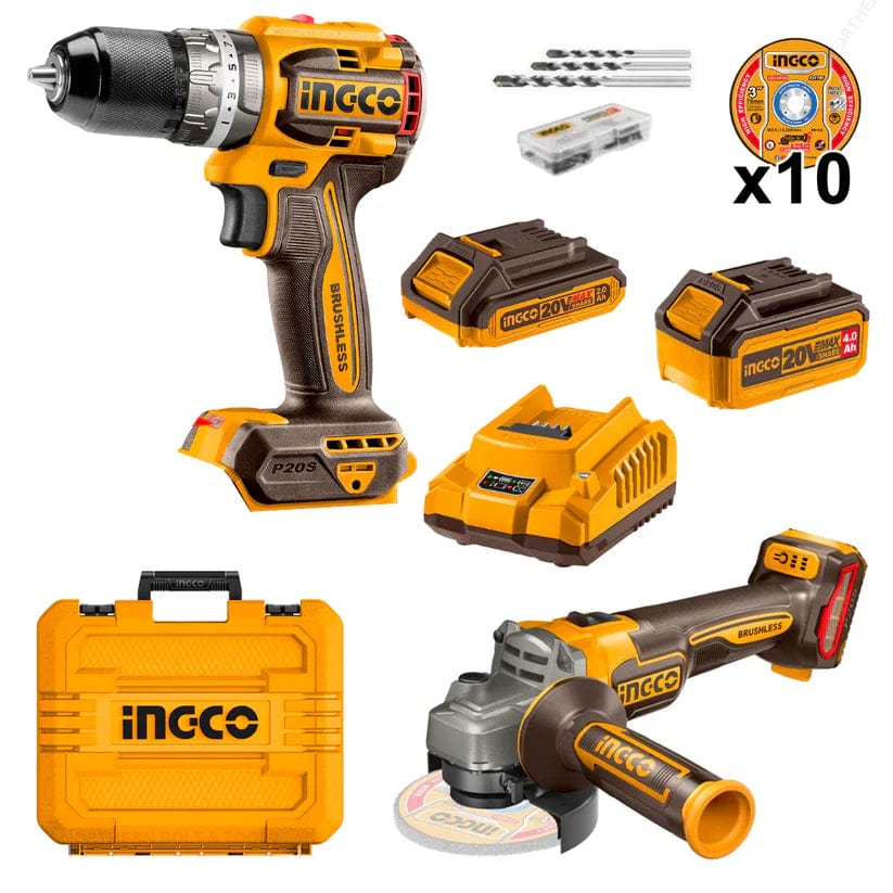 INGCO COMBO KIT 2 PCS IMPACT DRILL + ANGLE GRINDER   20V