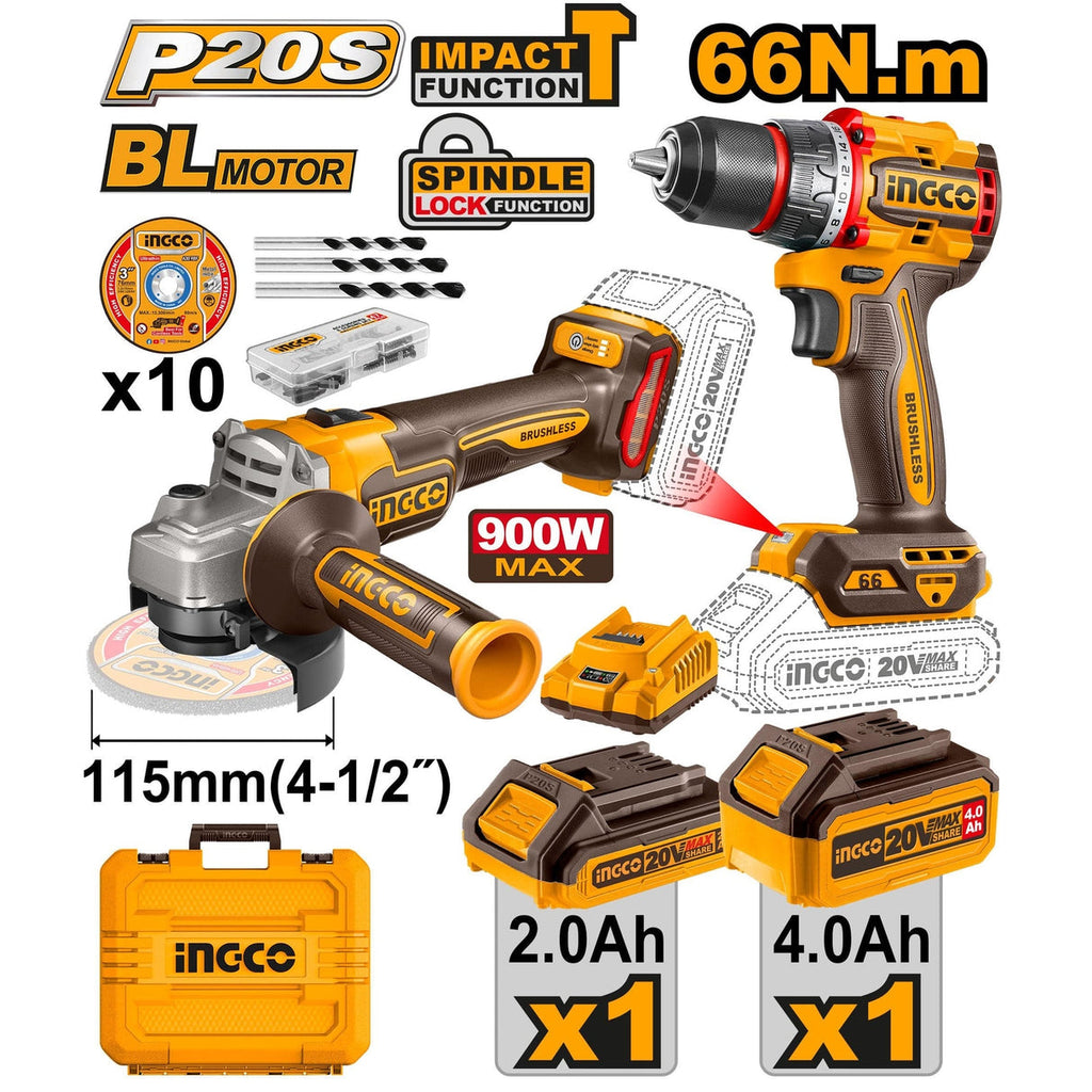 INGCO COMBO KIT 2 PCS DRILL + IMPACT WRENCH   20V