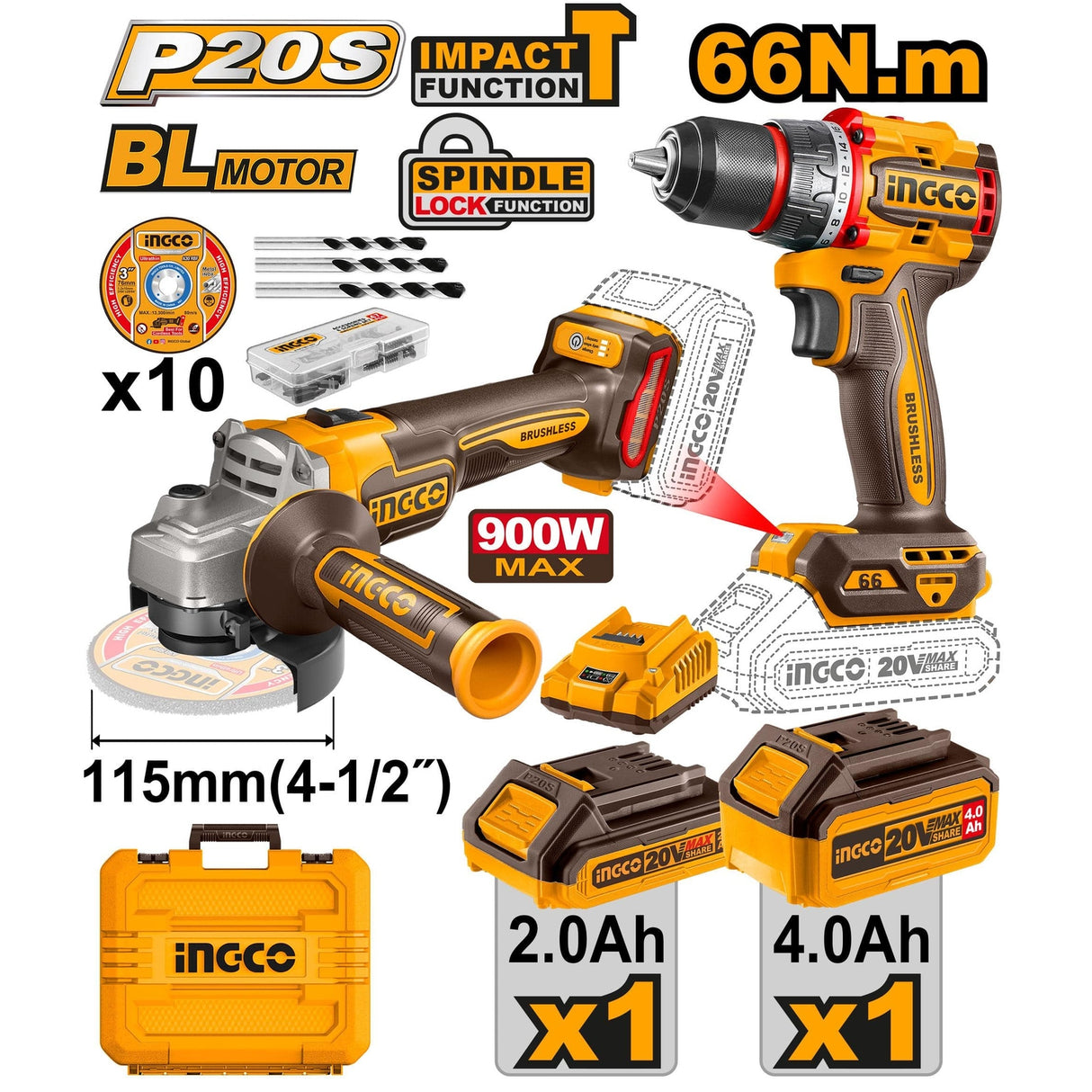 INGCO COMBO KIT 2 PCS DRILL + IMPACT WRENCH   20V