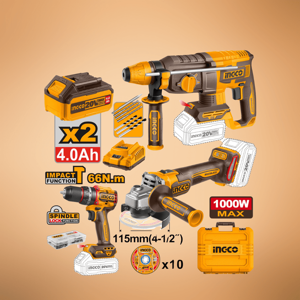 INGCO COMBO KIT 3 PCS CORDLESS IMPACT DRILL+ROTARY HAMMER+GRINDER   20V COSLI241198