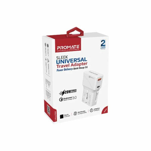 Promate Sleek Universal Travel Adapter with 20W Power Delivery & Quick Charge 3.0 (TriPlug-PD20.WHITE) PRO-CC-TriPlug-PD20.WHITE