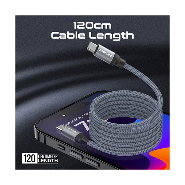 Promate 60W Power Delivery Self-Organizing Magnetic USB-C Cable SPRINGY.GREY PRO-CABLE-SPRINGY.GREY