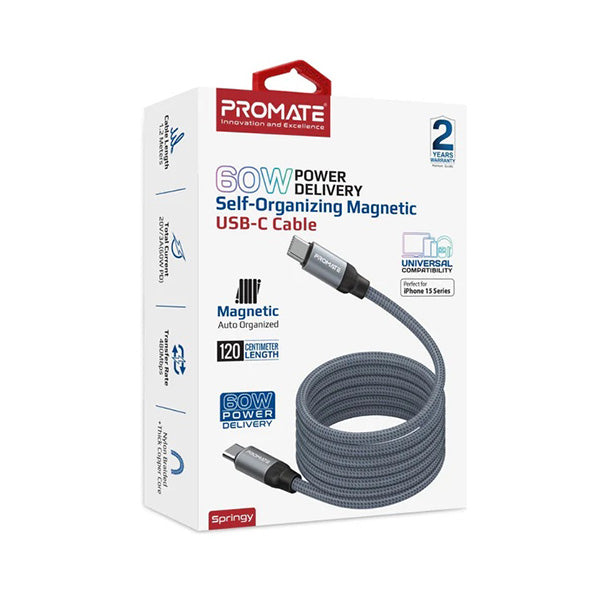 Promate 60W Power Delivery Self-Organizing Magnetic USB-C Cable SPRINGY.GREY PRO-CABLE-SPRINGY.GREY