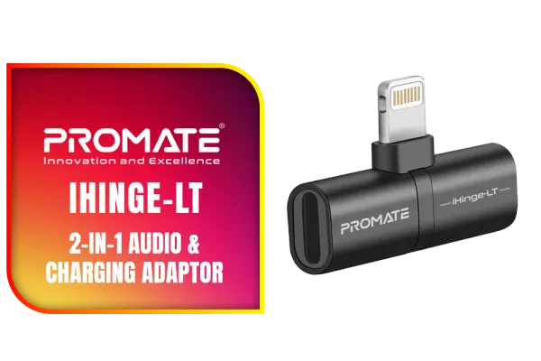 Promate 2-in-1 Audio & Charging Adaptor with Lightning Connector (iHinge-LT.BLACK) PRO-ADA-iHinge-LT.BLACK