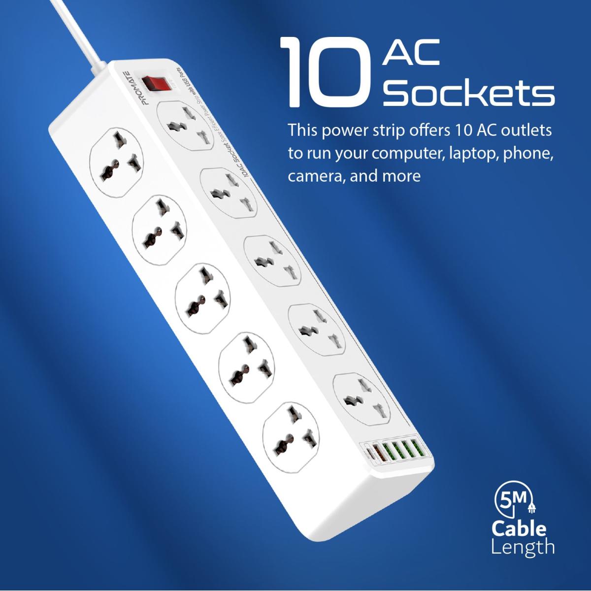 Promate 10AC Socket Space Efficient Power Strip with USB Ports POWERMATRIX-5M.UK PRO-CH-POWERMATRIX-5M.UK